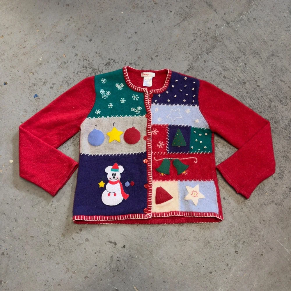 Disney Store Vintage Mickey Mouse Snowman Patchwork Lambswool Cardigan Red Med